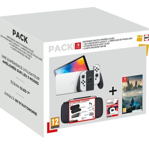 Pack de consola Oled blanco de Nintendo Switch + juego Hogwarts Legacy + pack de inicio 6 en 1 + tarjeta microSD de 128 GB